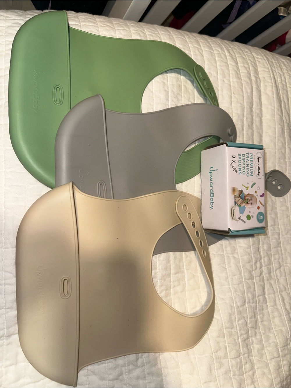 UpwardBaby Silicone Bib Set and Dipping Spoon Set- Green, Gray, Beige